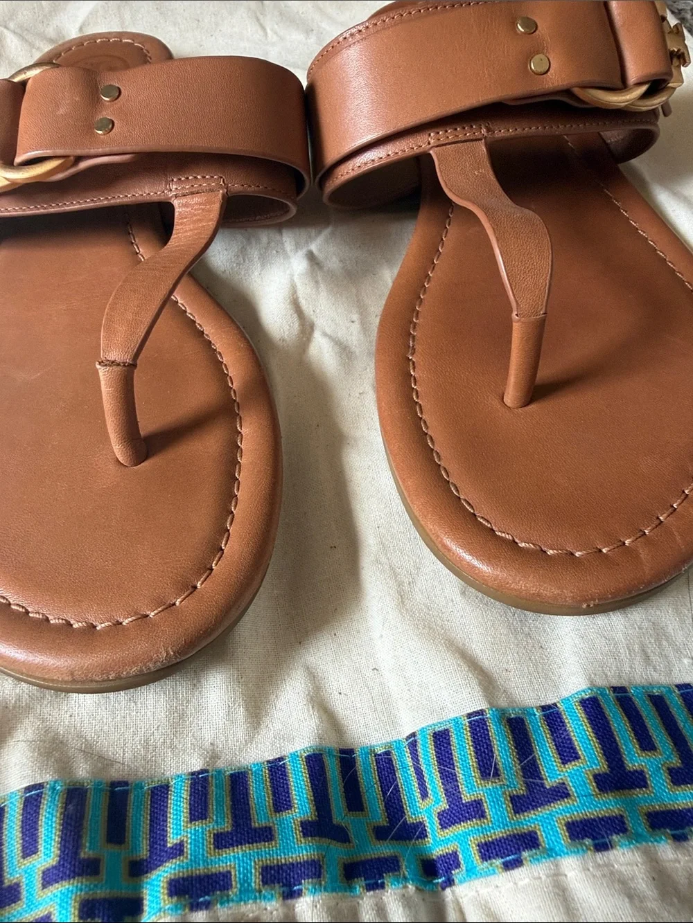 Tory Burch Brown Leather Thong Sandals with Gold Buckle